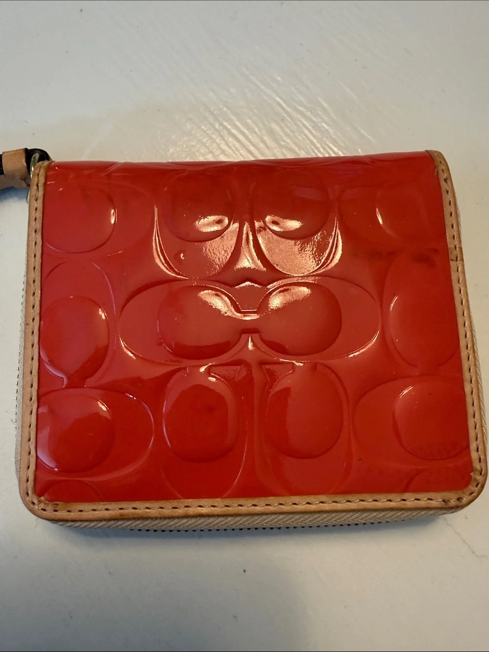 Coach Orange Patent Leather wallet Wristlet with Tan Trim